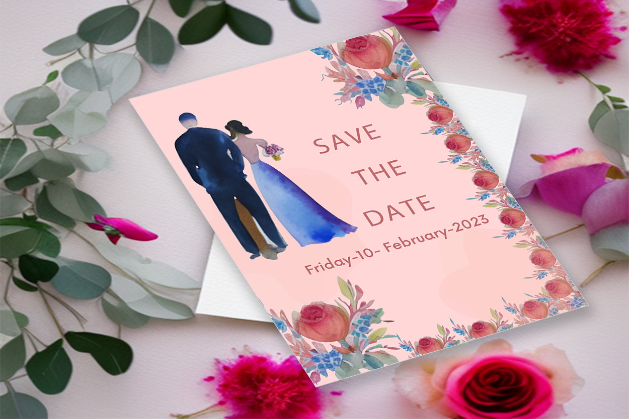 Image with colorful wedding invitation card with rose flowers.