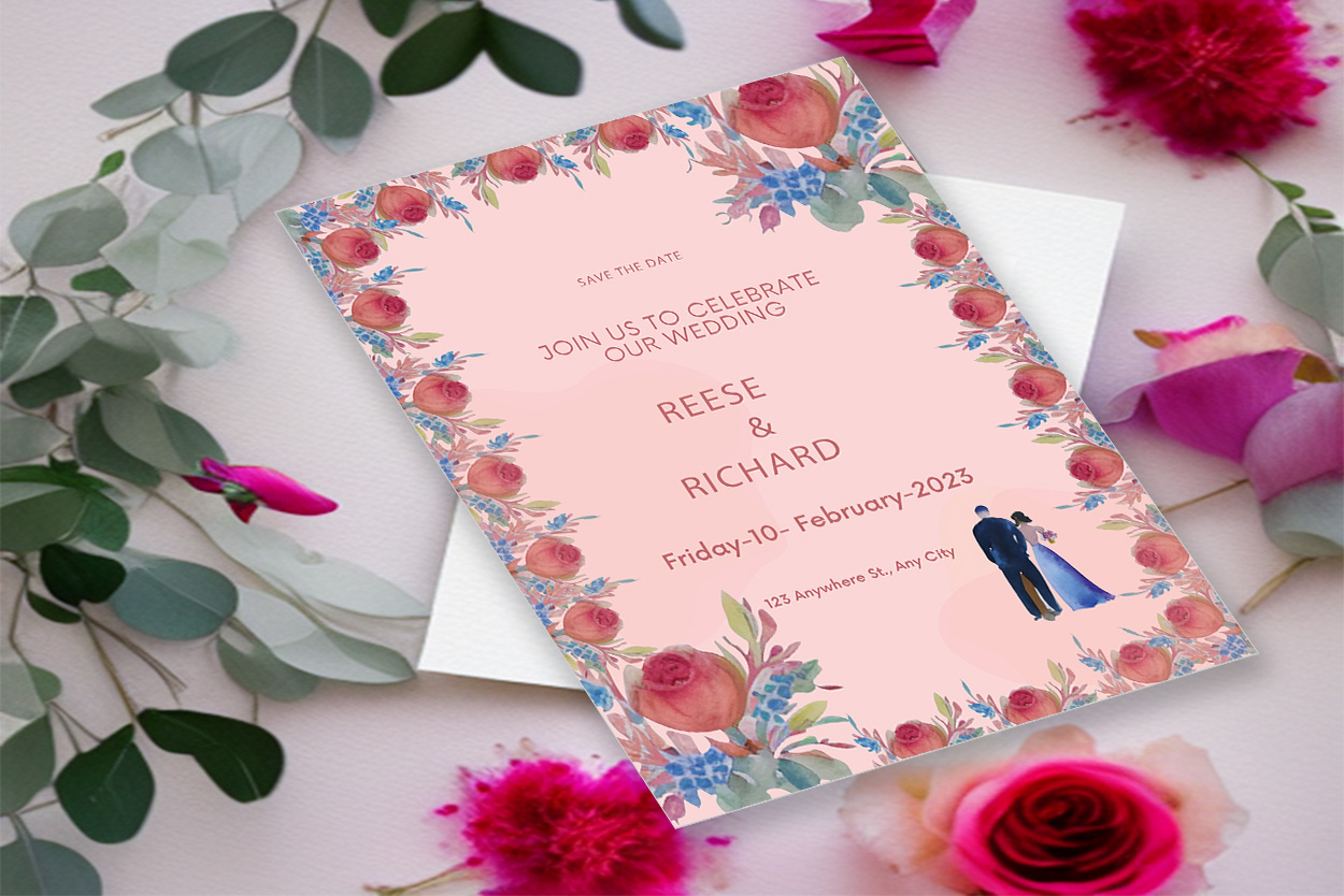 Image with wonderful wedding invitation card with rose flowers.