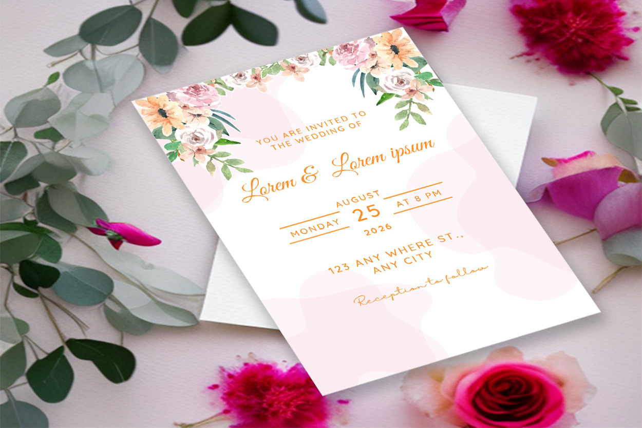 Image with exquisite wedding invitation with flowers and leaves.