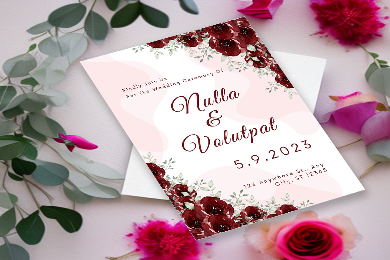 Image of a wonderful wedding invitation in pink colors and flowers.
