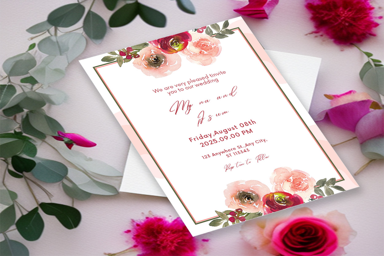 Picture of a wonderful wedding invitation with flowers.