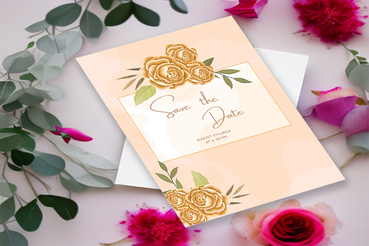Image with elegant wedding invitation card with golden color roses.