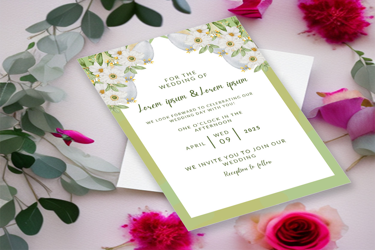 Image with fabulous wedding invitation in light green colors with white flower.