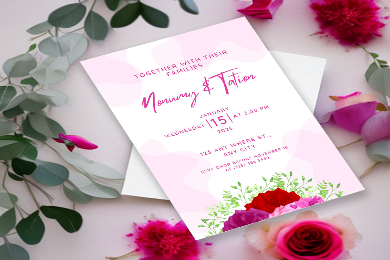 Image of a unique wedding invitation with flowers.