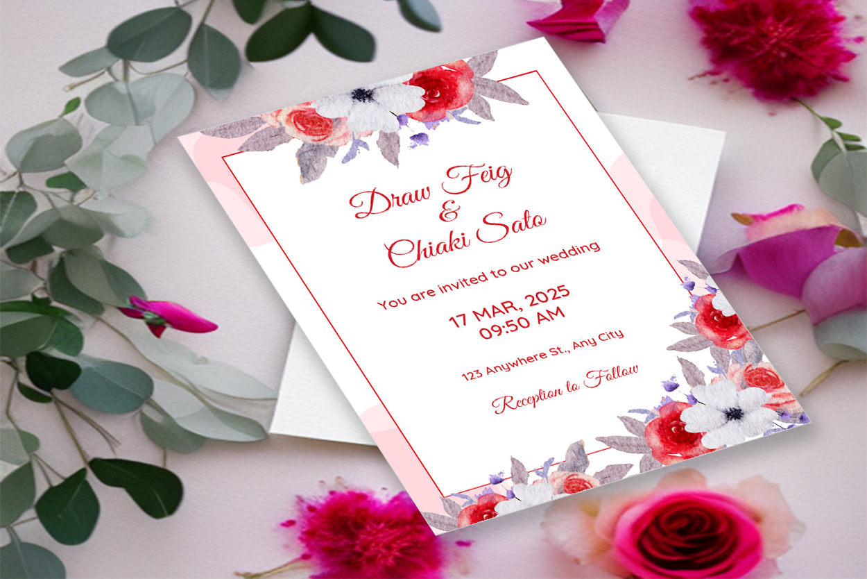Image with charming wedding invitation in pink colors and flowers.