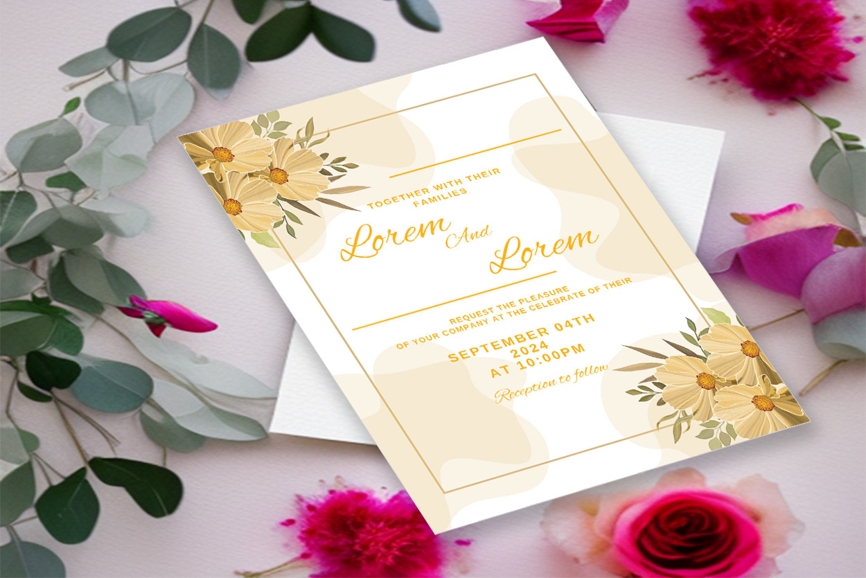 Image with wonderful wedding invitation in yellow tones and flowers.