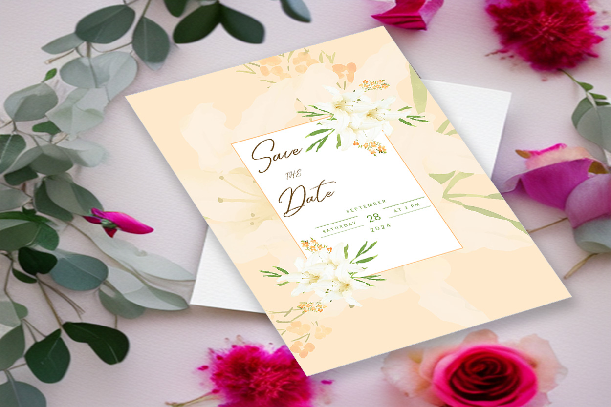 Image with exquisite wedding invitation card with flowers.