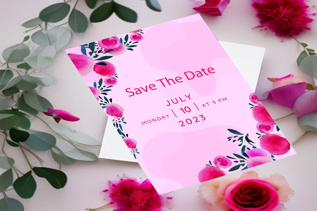 Image with beautiful wedding invitation card with flowers in pink color.