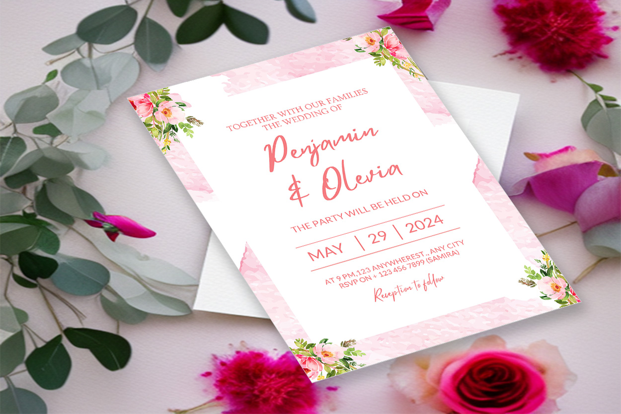 An image with a wonderful wedding invitation in gold and pink tones and with flowers.