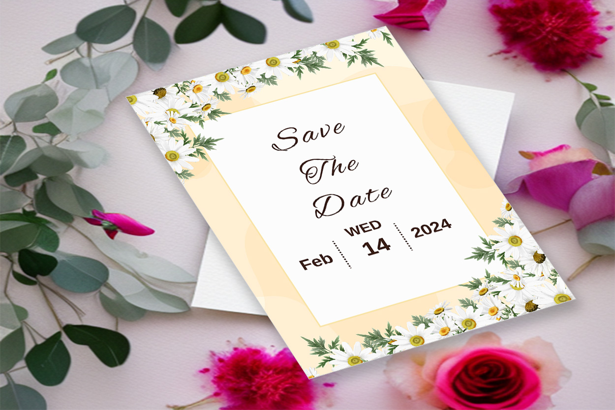 Image with charming wedding invitation card in yellow tones and flowers.