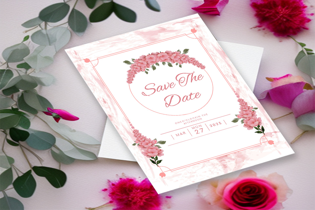 Image with elegant wedding invitation card in pink tones and flowers.