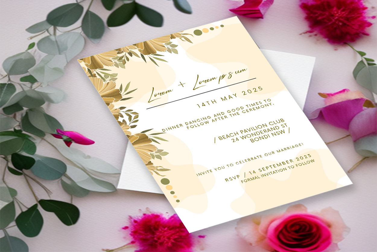 Image with gorgeous pastel wedding invitation and flowers.