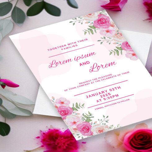 Soft Pink Color Floral Wedding Invitation Card Template | MasterBundles