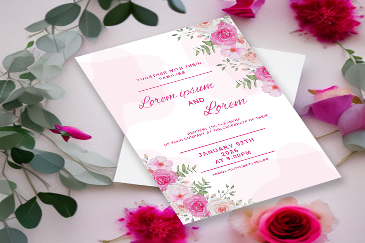Image with fabulous wedding invitation in soft pink color.