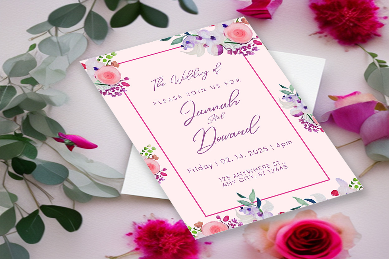 Image with irresistible wedding invitation card with watercolor flowers.