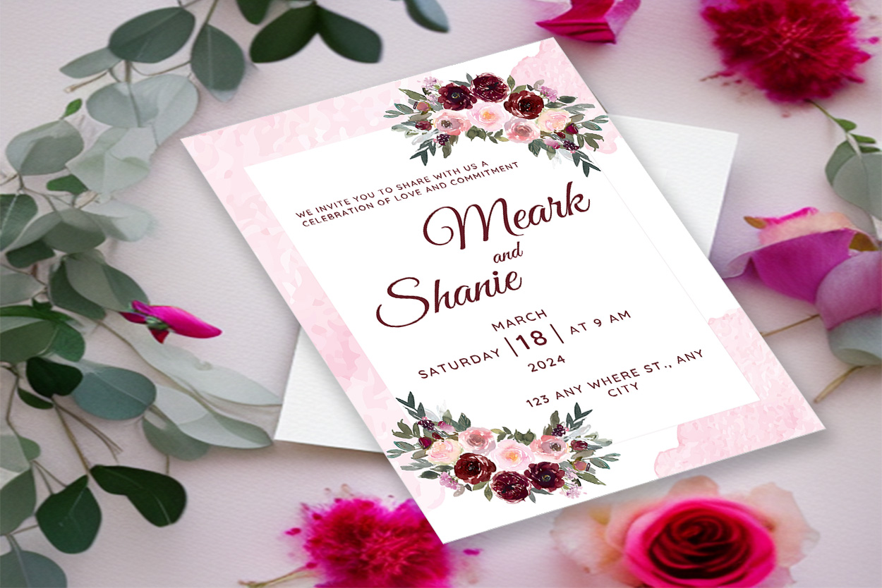 Image with irresistible wedding invitation in pink tone and flowers.