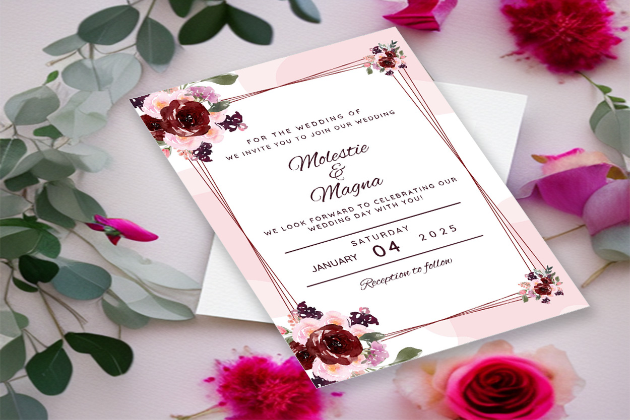 Image of an enchanting wedding invitation in pink tones with flowers.