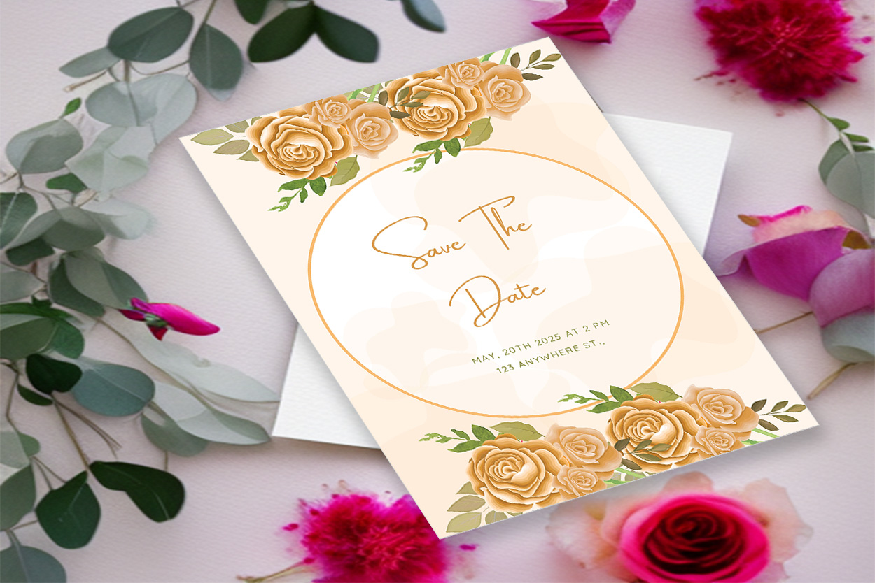 Image with beautiful wedding invitation card with golden roses and leaves.