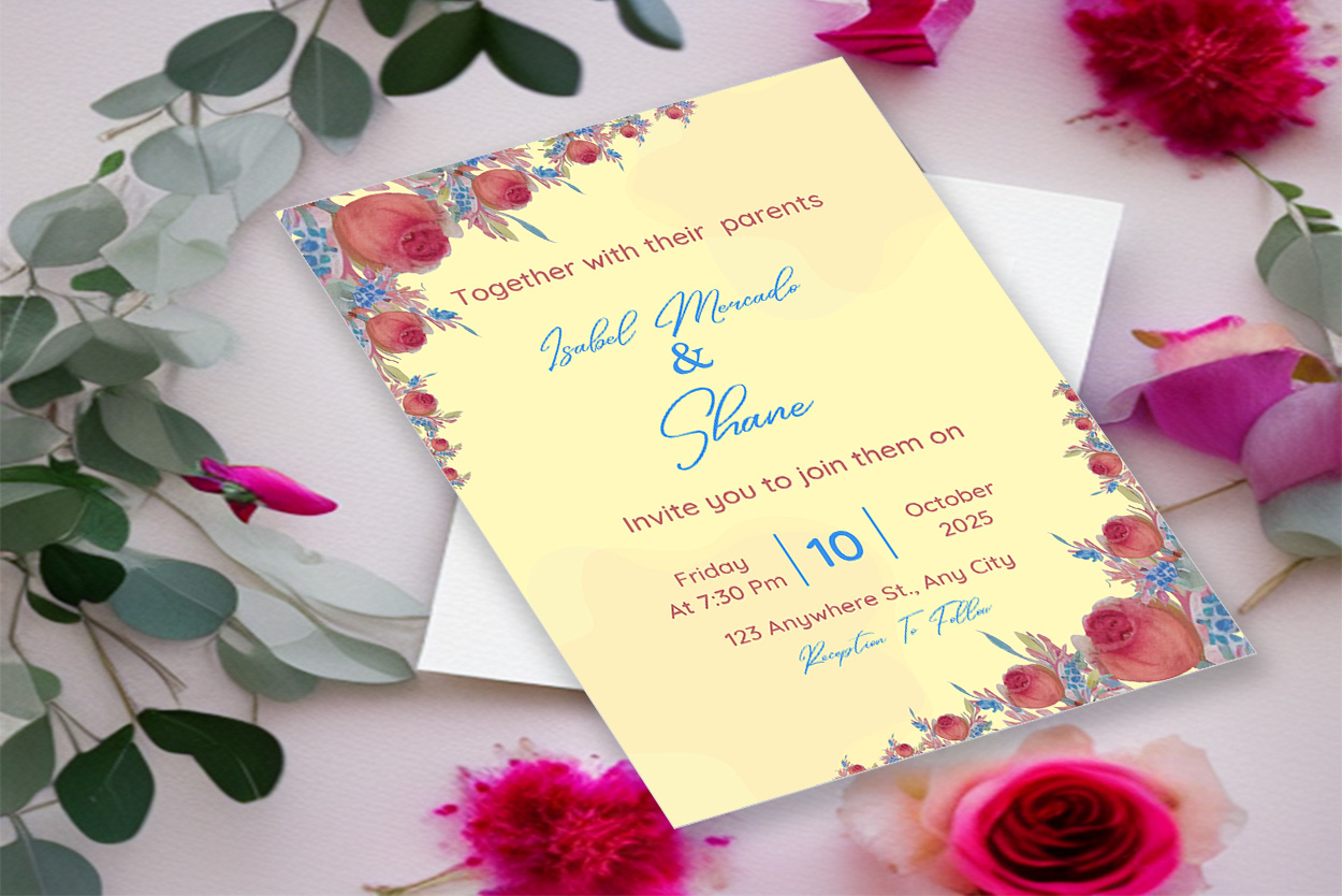 Image with charming wedding invitation card with flowers.