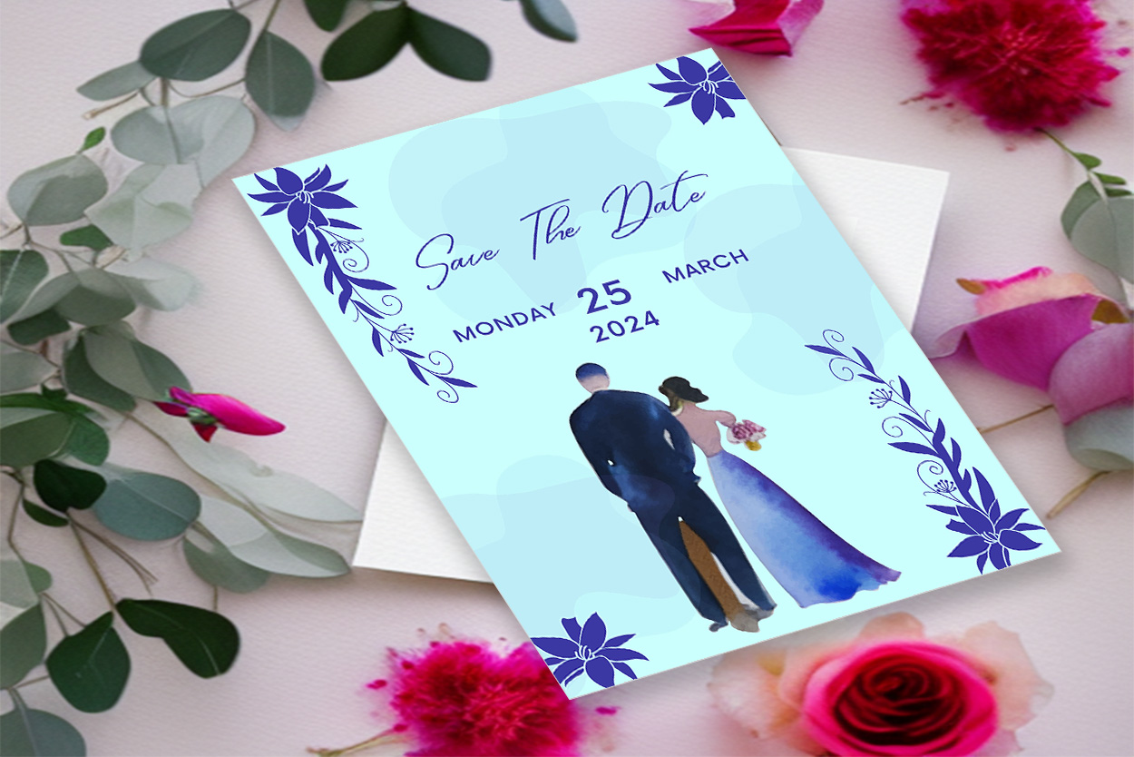 Image with unique wedding invitation card with flowers in navy blue colors.