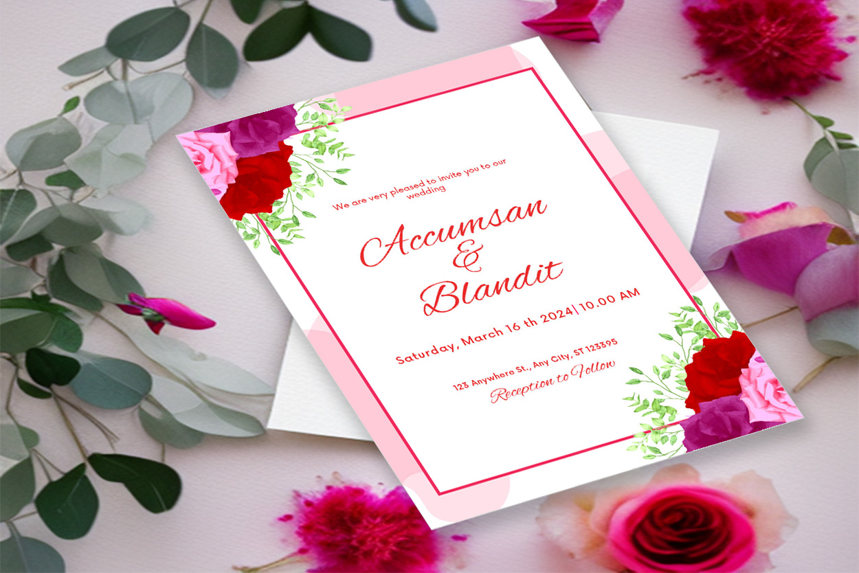 Image of colorful wedding invitation with roses.