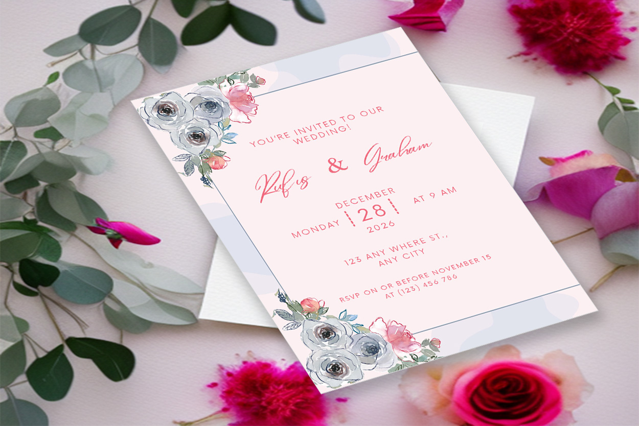 Image with unique wedding invitation card with flowers.