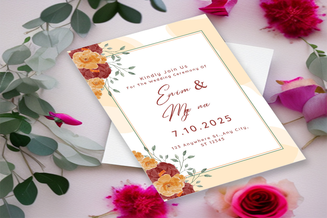 Image of an irresistible wedding invitation in pastel colors with flowers.