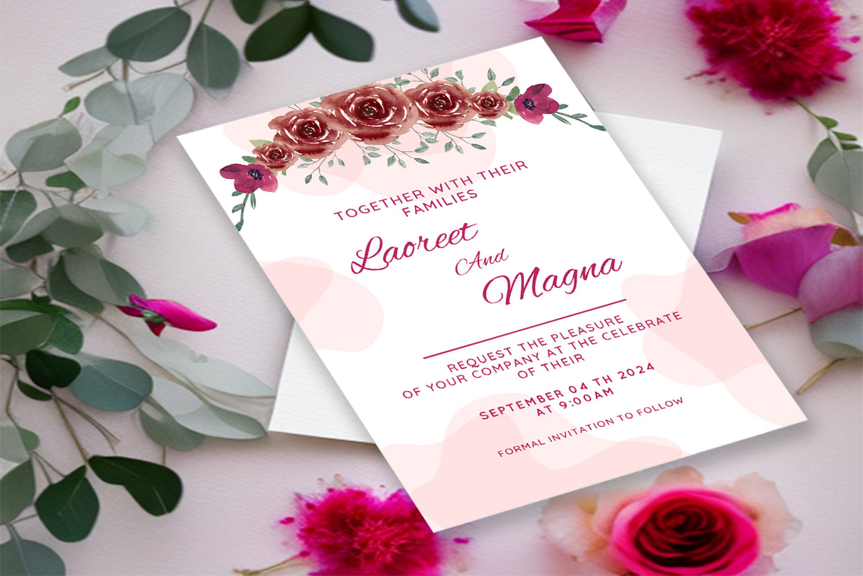 Image of exquisite wedding invitation with brown roses and leaves.