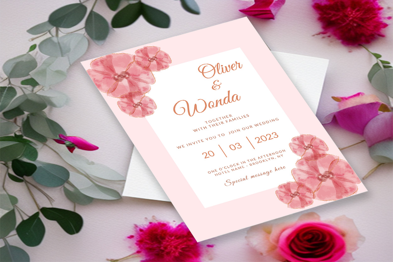 Image with exquisite wedding invitation card in pink tones and flowers.