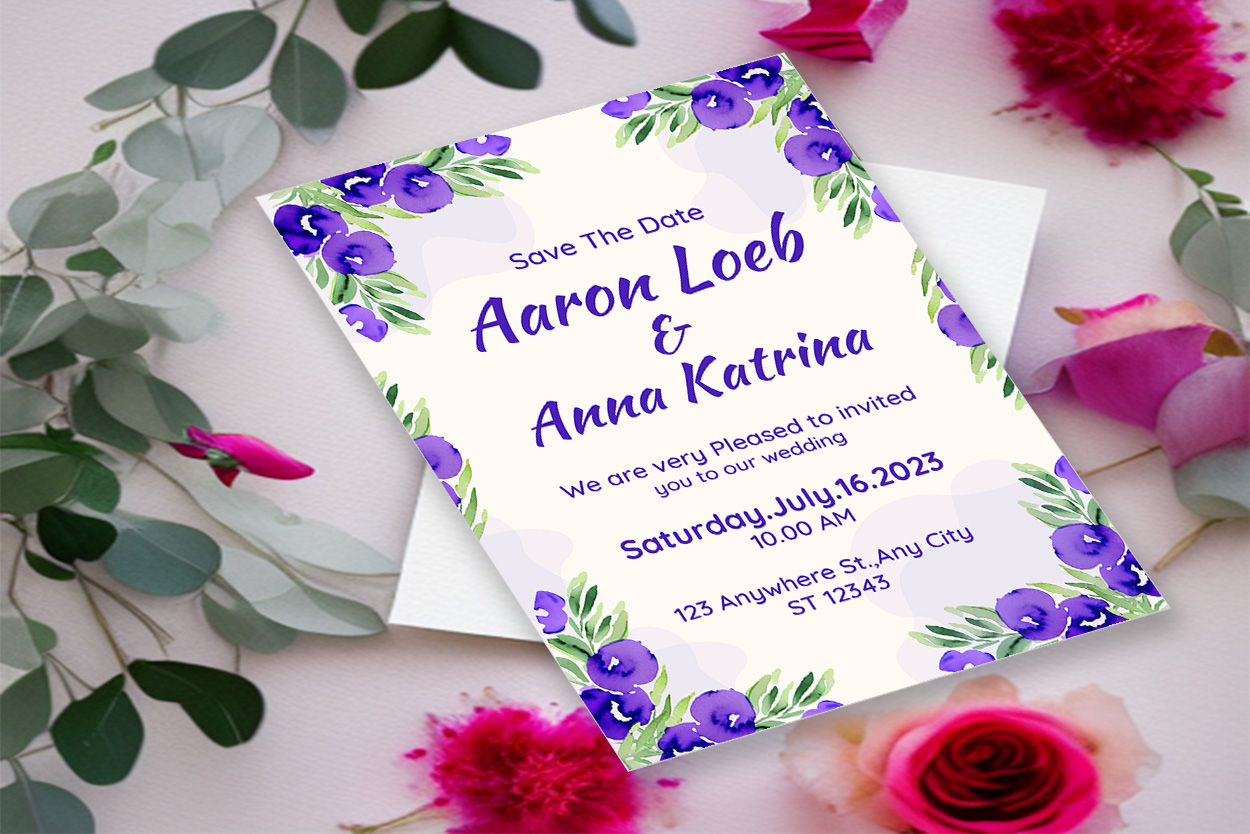 Image with charming wedding invitation card with flowers and leaves.