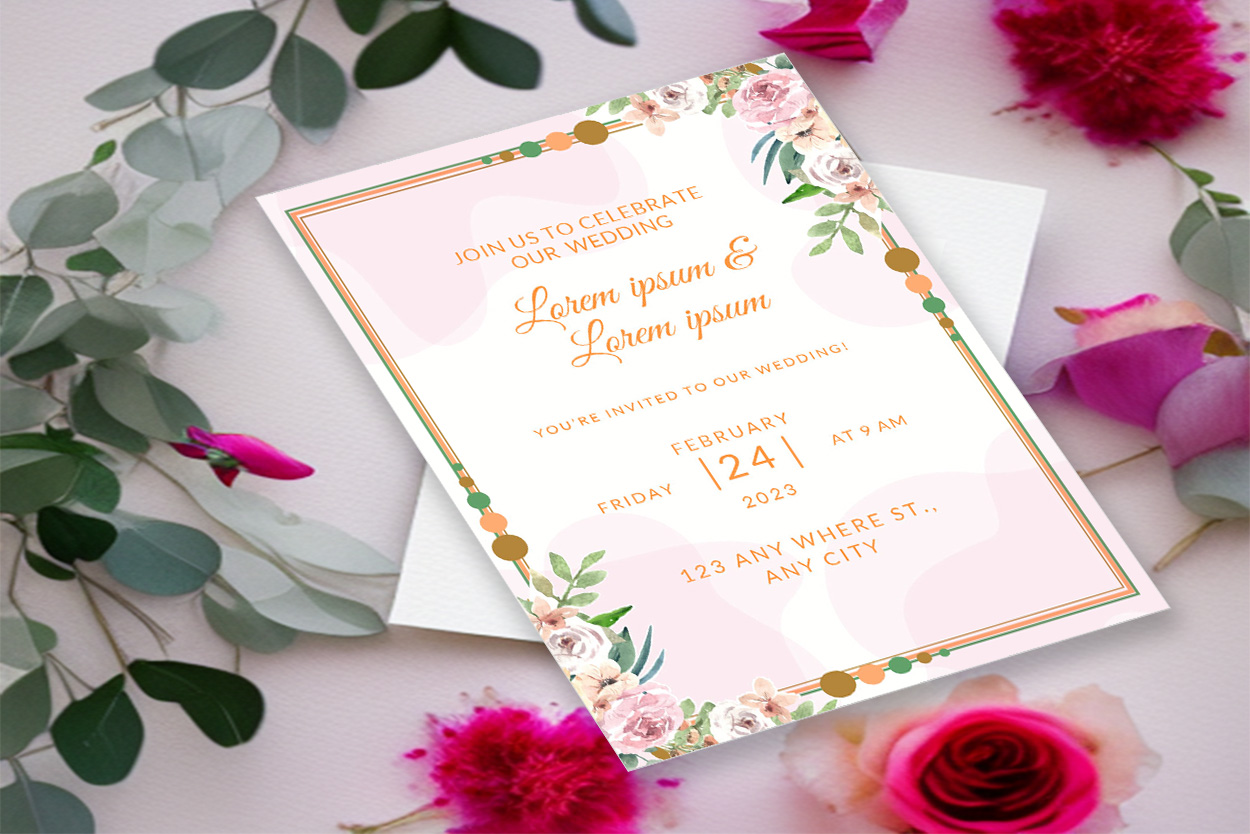Image with unique wedding invitation with floral decor.