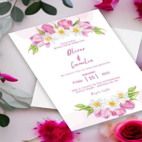 Floral Golden Frame Wedding Invitation Card Template - MasterBundles