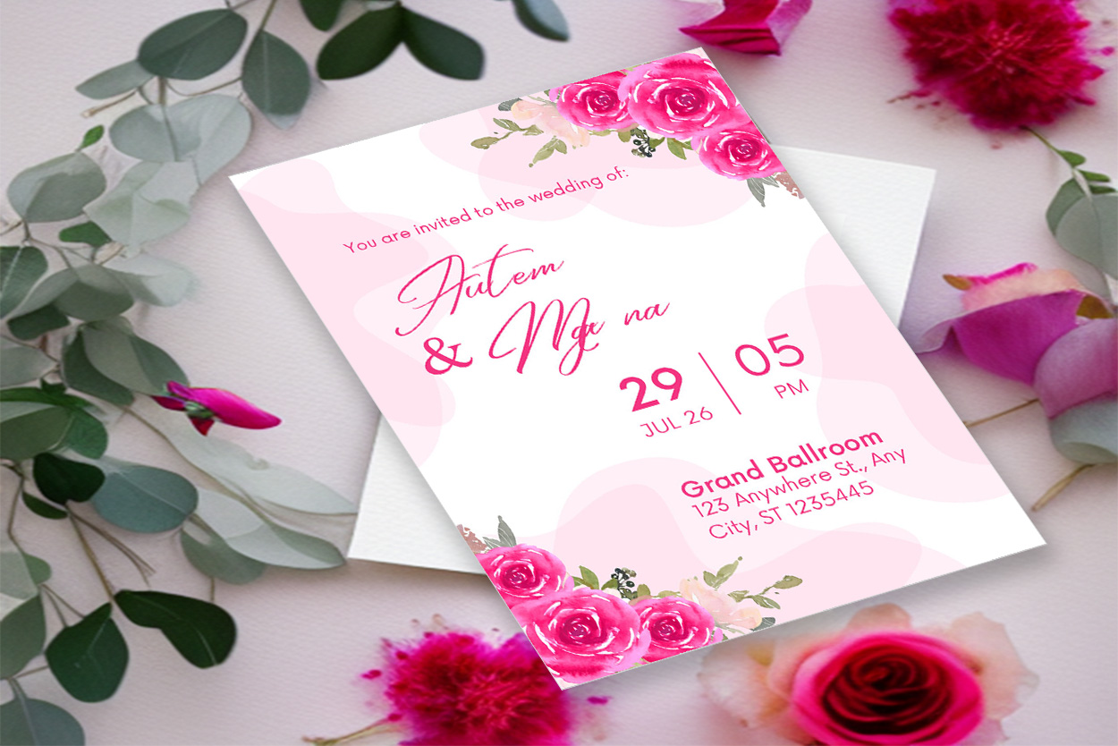 Image of marvelous wedding invitation with flowers and leaves.