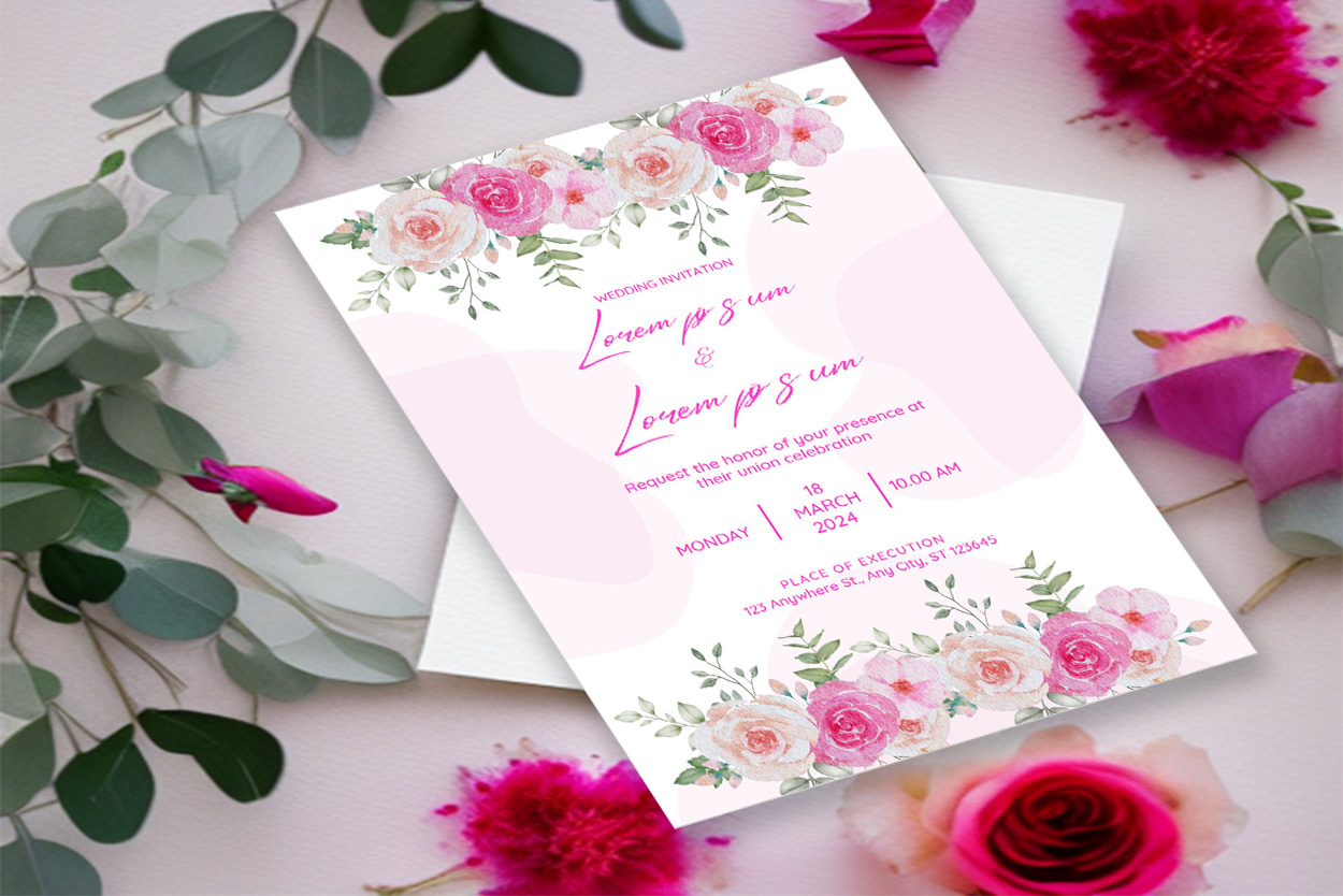 Image with unique wedding invitation with rose flowers.