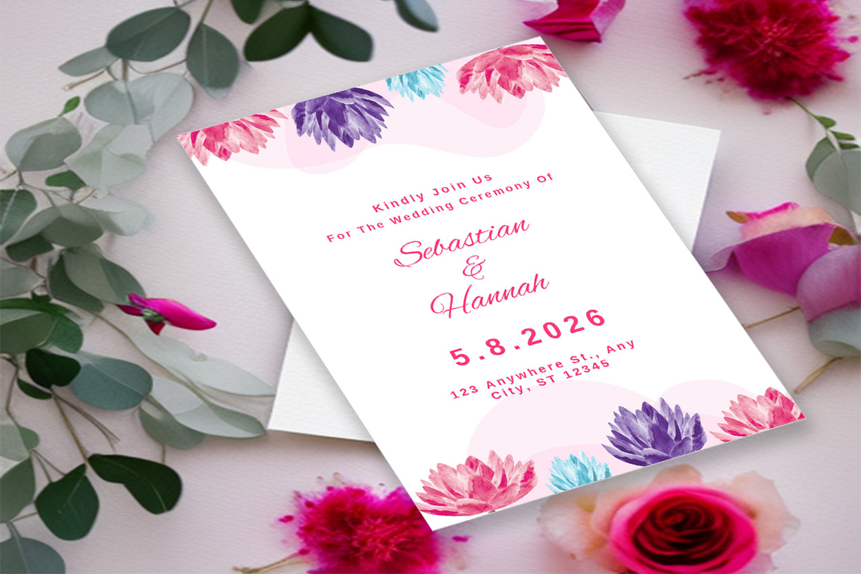 Wedding Invitation Floral Lotuses Card Template preview image.
