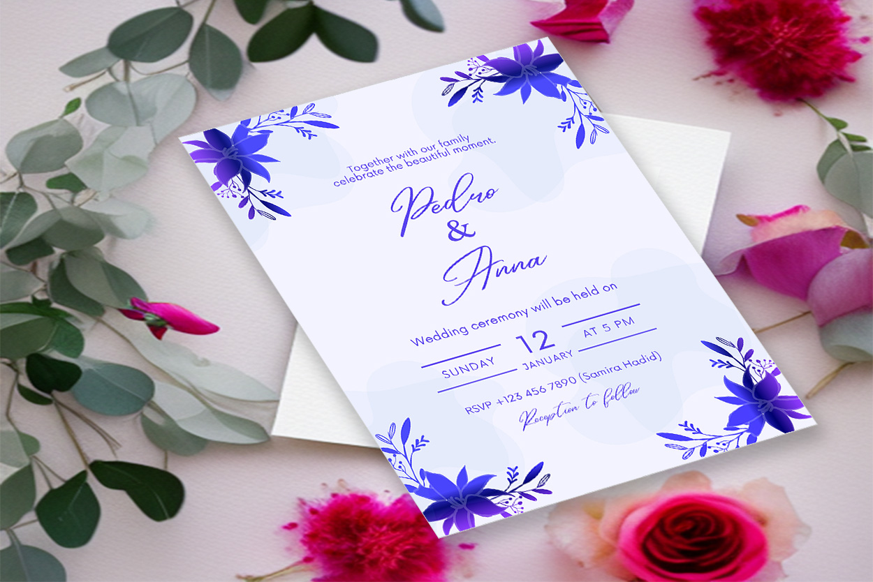 Image with elegant wedding invitation card with flowers in blue.