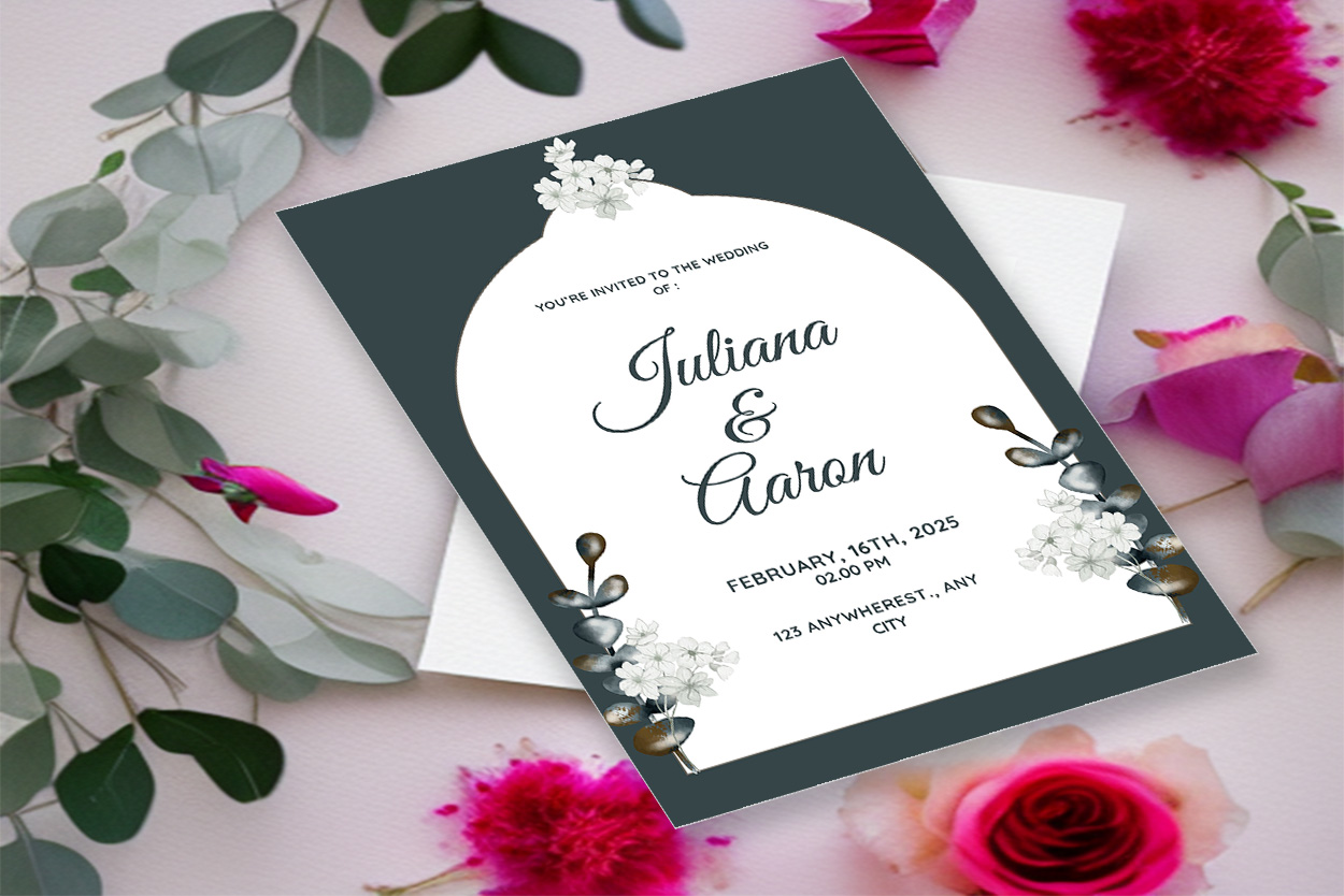 Image with beautiful wedding invitation card in dark green color and flowers.