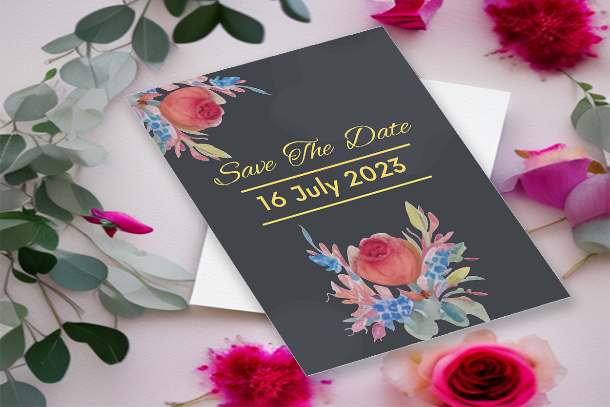 Image with enchanting wedding invitation card with flowers.