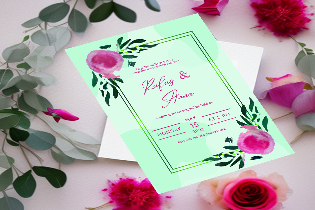 Image with unique wedding invitation card with watercolor flowers.