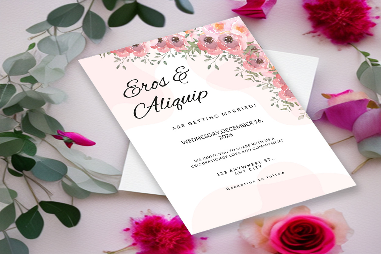 Image of unique marriage invitation card with floral background.