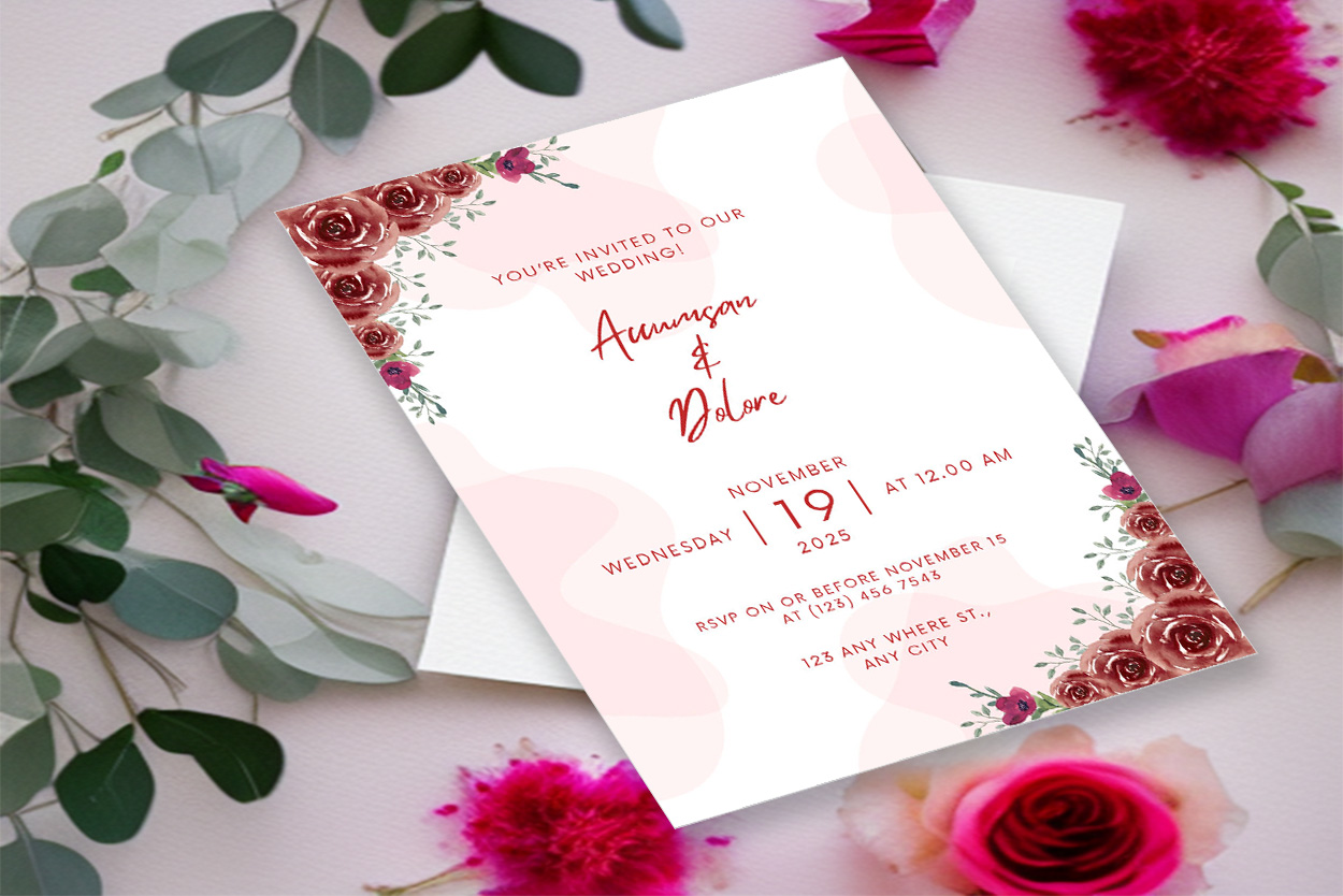 Image of enchanting wedding invitation with flowers.