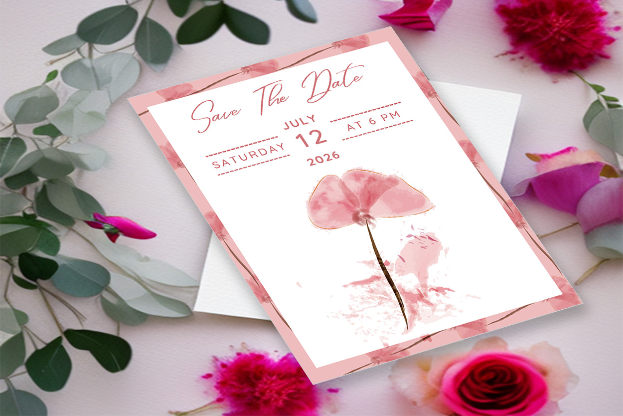 Image with a wonderful wedding invitation card in pink tones and flowers.