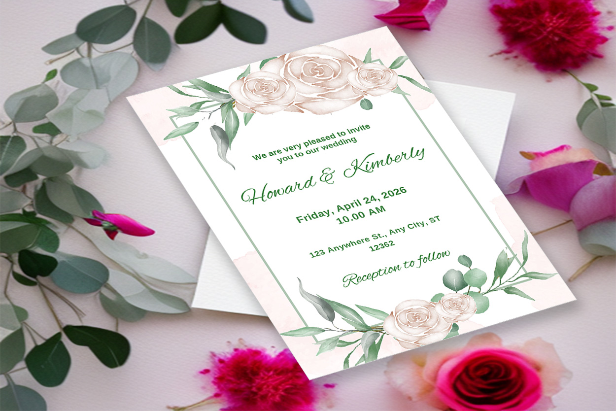 Image with exquisite wedding invitation card with watercolor roses.