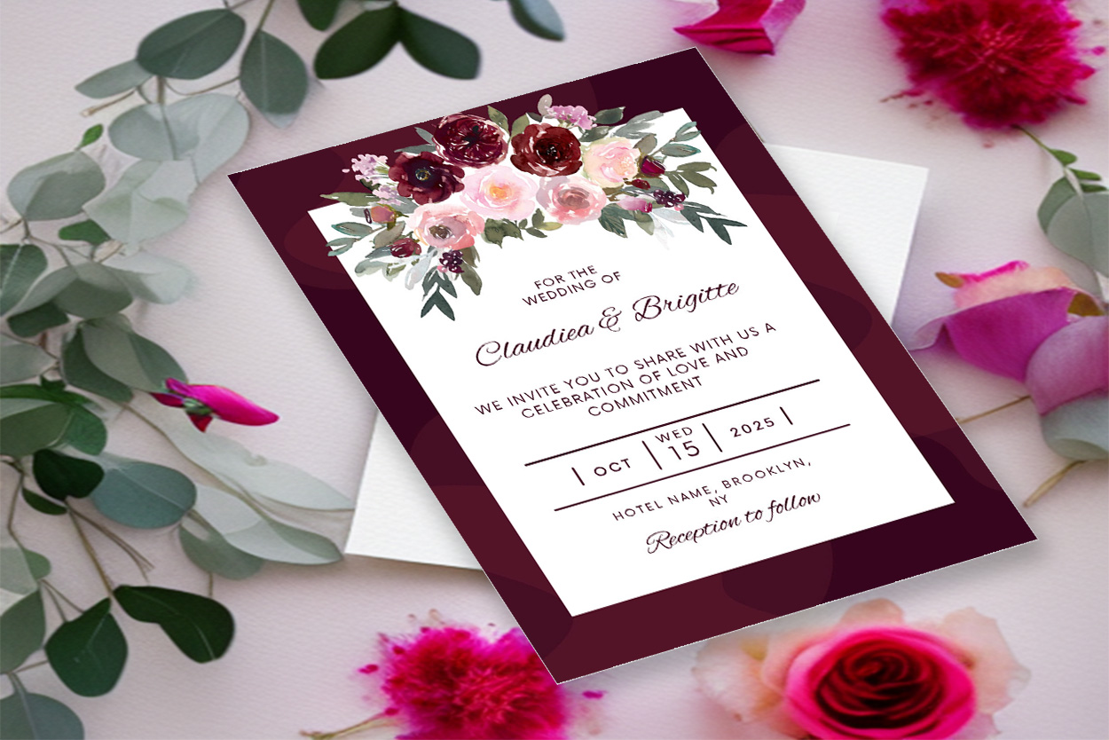 Image with colorful wedding invitation in burgundy colors.