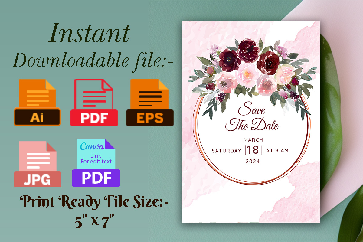 Image with enchanting wedding invitation in pink tone and flowers.