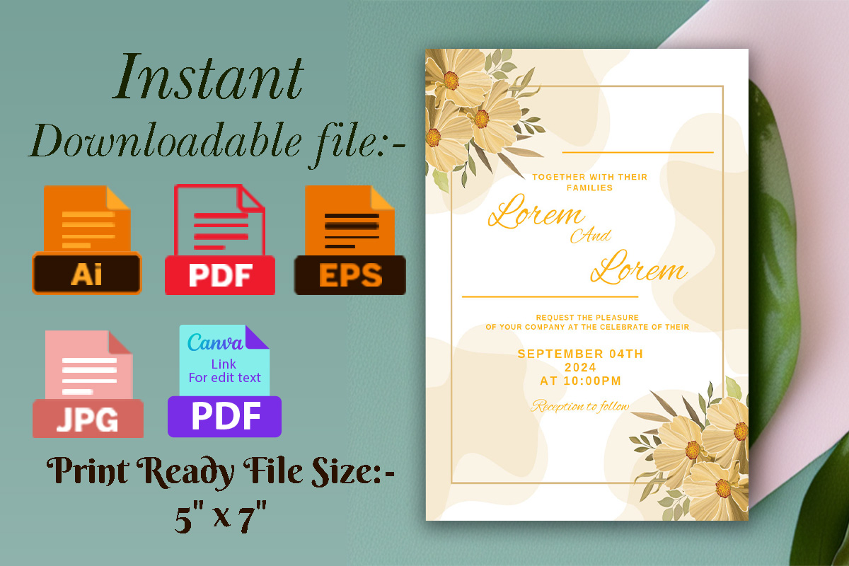 Image with enchanting wedding invitation in yellow tones and flowers.