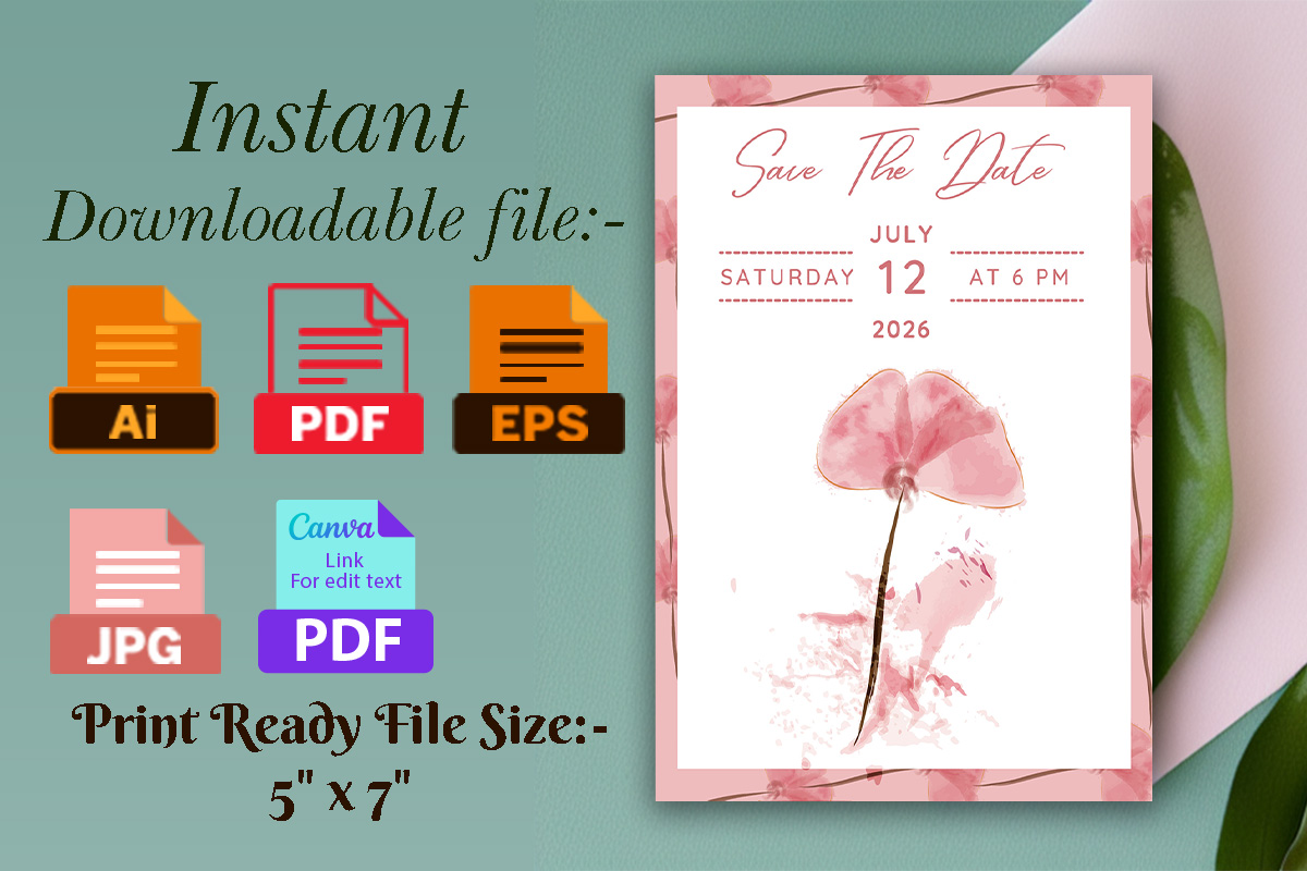 Image with irresistible wedding invitation card in pink tones and flowers.