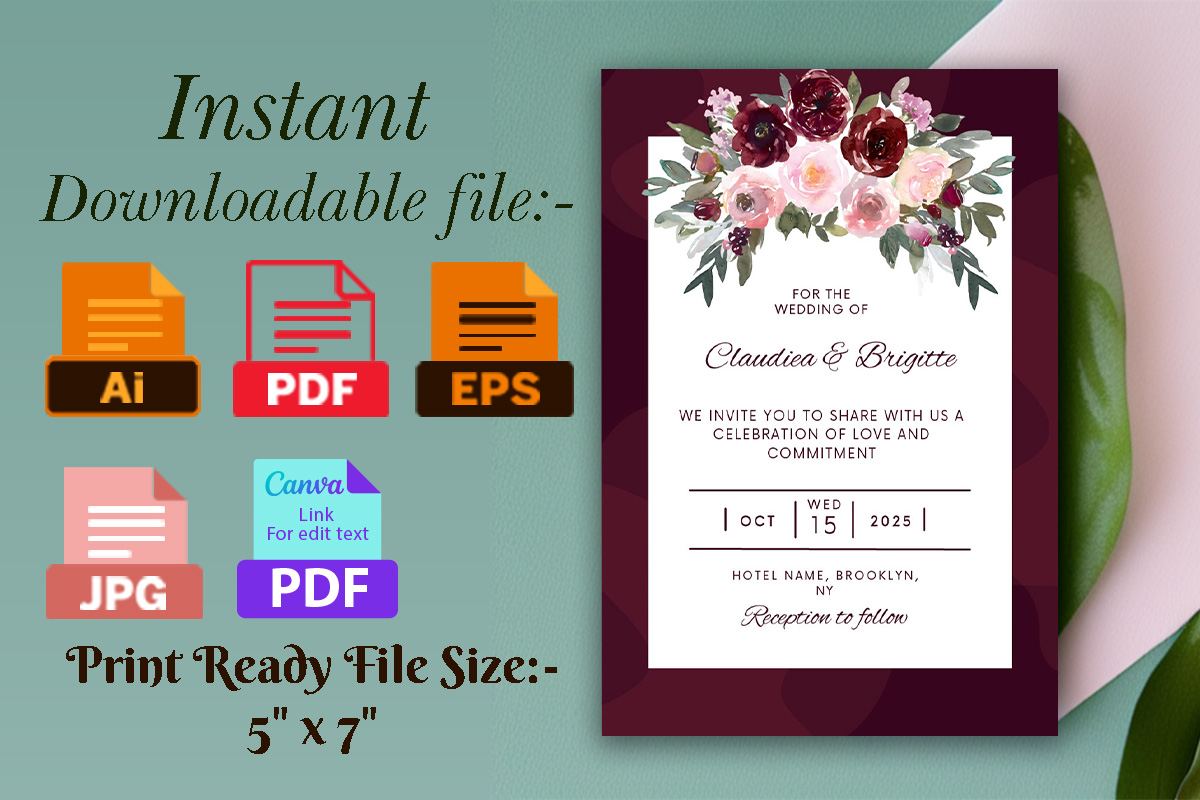 Image with fabulous wedding invitation in burgundy colors.