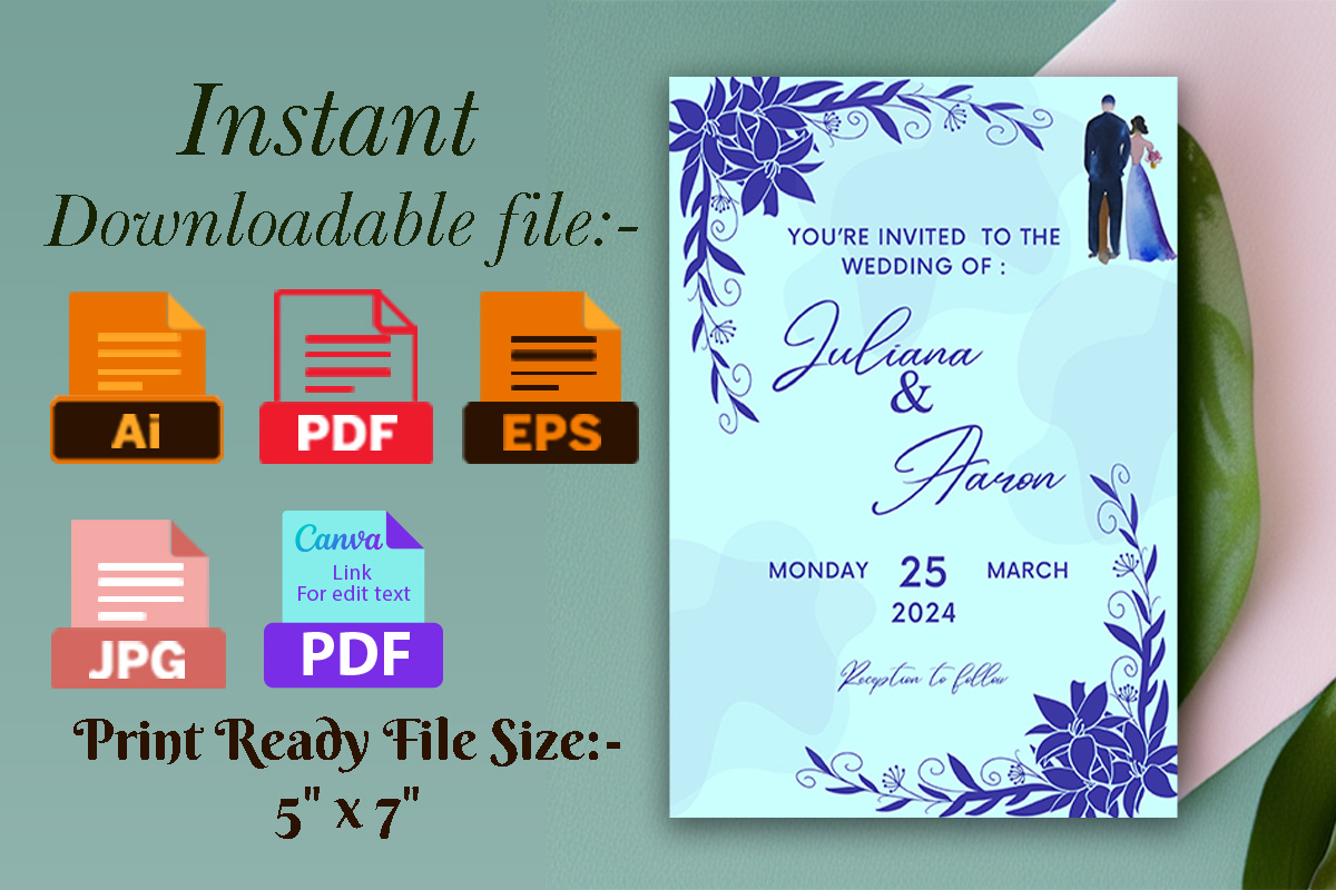 Image with amazing wedding invitation card with flowers in navy blue colors.
