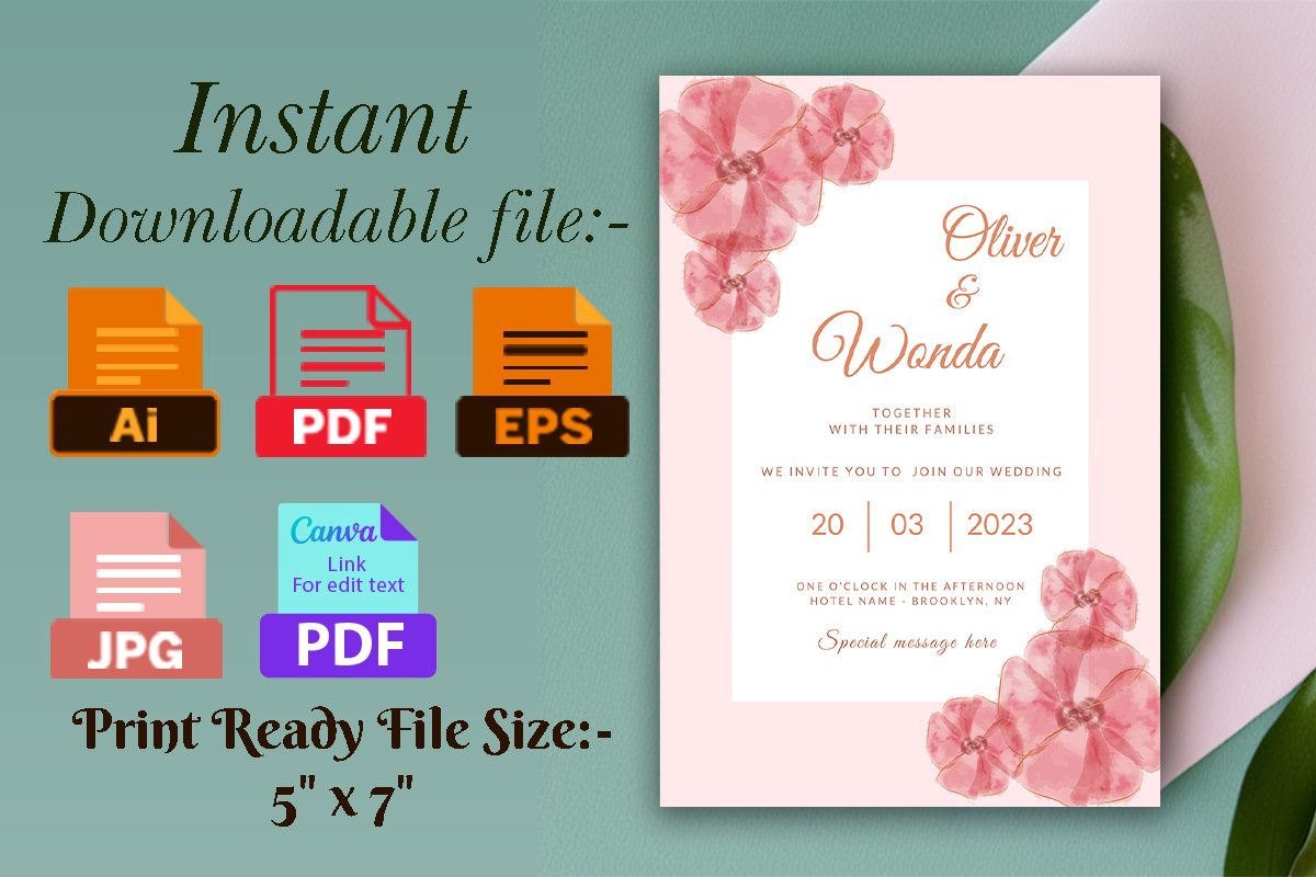 Image with gorgeous wedding invitation card in pink tones and flowers.